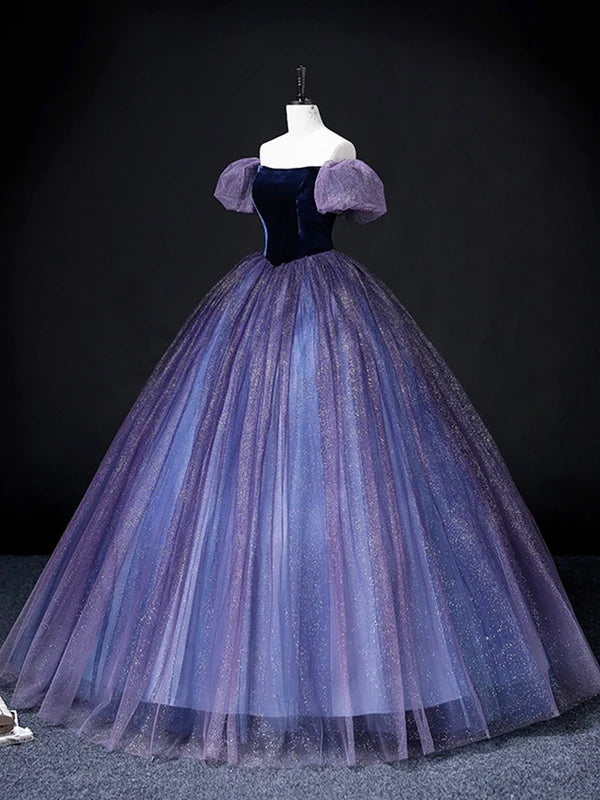 Wholesale Lovely Velvet Tulle Long Prom Dress Purple Off the Shoulder Evening Party Gown