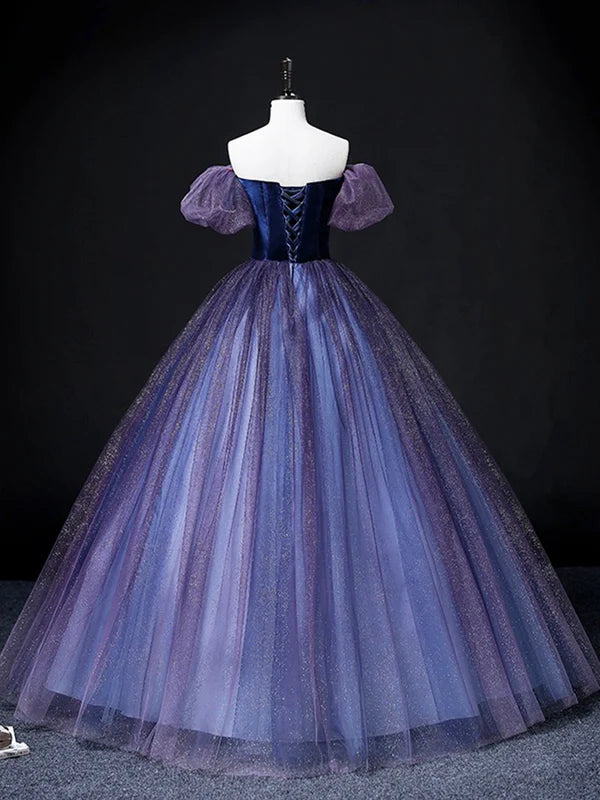Wholesale Lovely Velvet Tulle Long Prom Dress Purple Off the Shoulder Evening Party Gown