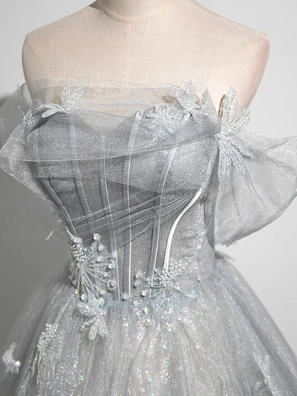 Wholesale Gray A-Line Off the Shoulder Tulle Prom Dress Lovely Corset Floor Length Party Dress