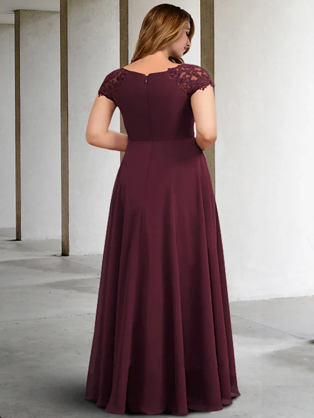 Wholesale A-Line Plus Size Curve Mother of the Bride Dresses Elegant Dress Formal Floor Length Short Sleeve Jewel Neck Chiffon with Pleats Appliques