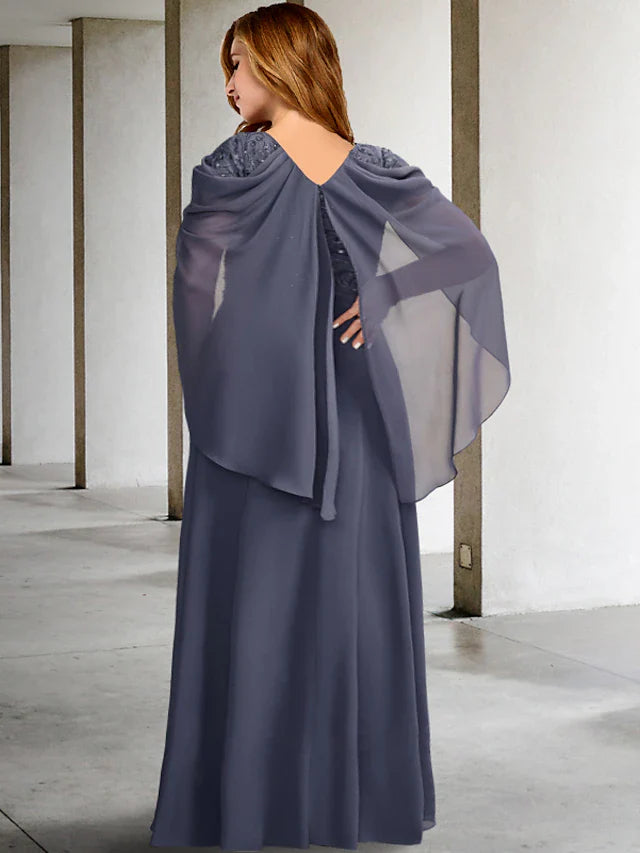 Wholesale A-Line Plus Size Curve Mother of the Bride Dresses Elegant Dress Formal Floor Length Short Sleeve V Neck Chiffon with Pleats Beading Appliques