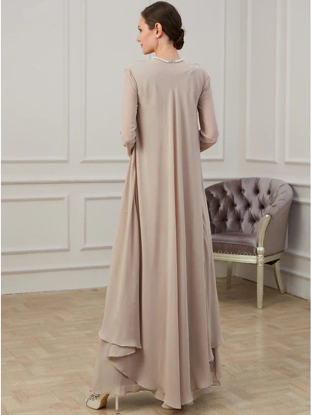 Wholesale A-Line Mother of the Bride Dress Elegant Jewel Neck Floor Length Chiffon Long Sleeve Jacket Dresses with Appliques