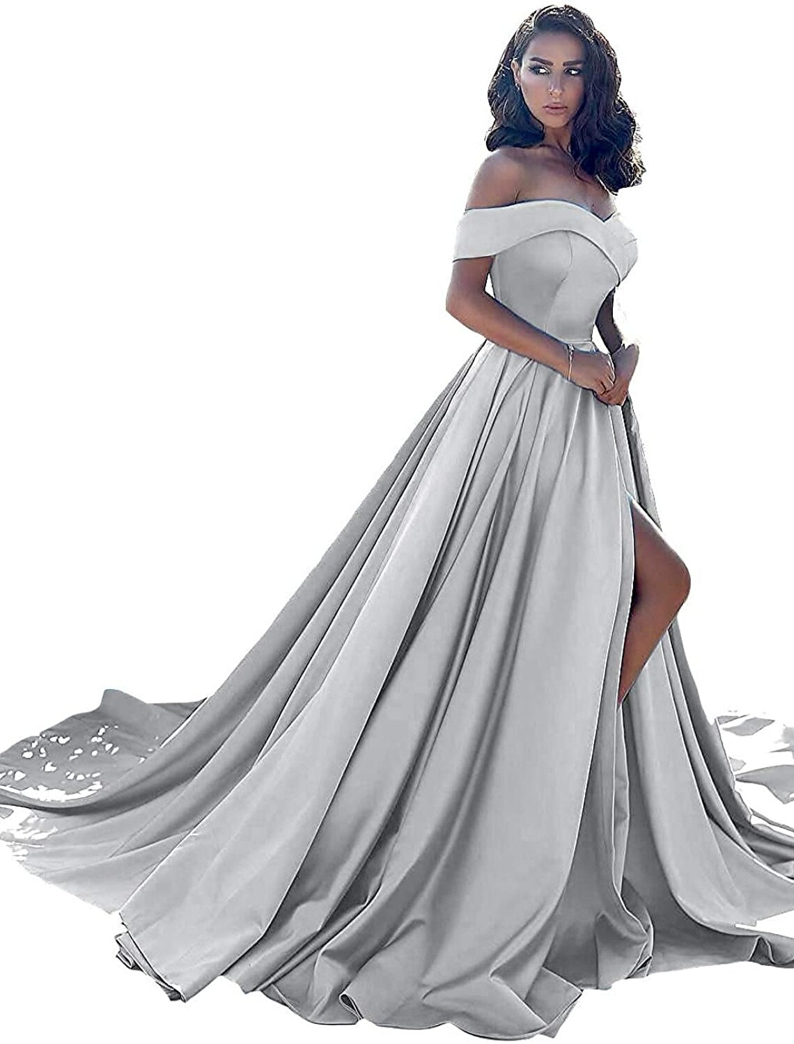 Wholesale  A-Line Minimalist Sexy Prom Formal Evening Dress Off Shoulder Sleeveless Chapel Train Satin with Split Front