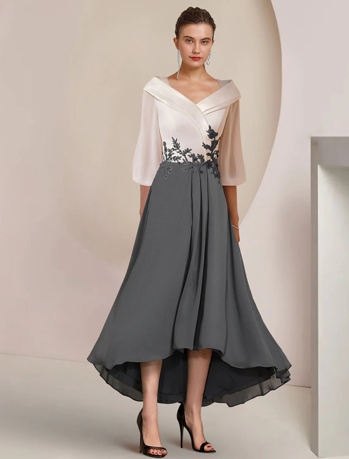Wholesale A-Line Mother of the Bride Dress Formal Wedding Guest Elegant High Low V Neck Asymmetrical Tea Length Chiffon Lace 3/4 Length Sleeve with Pleats Appliques Color Block