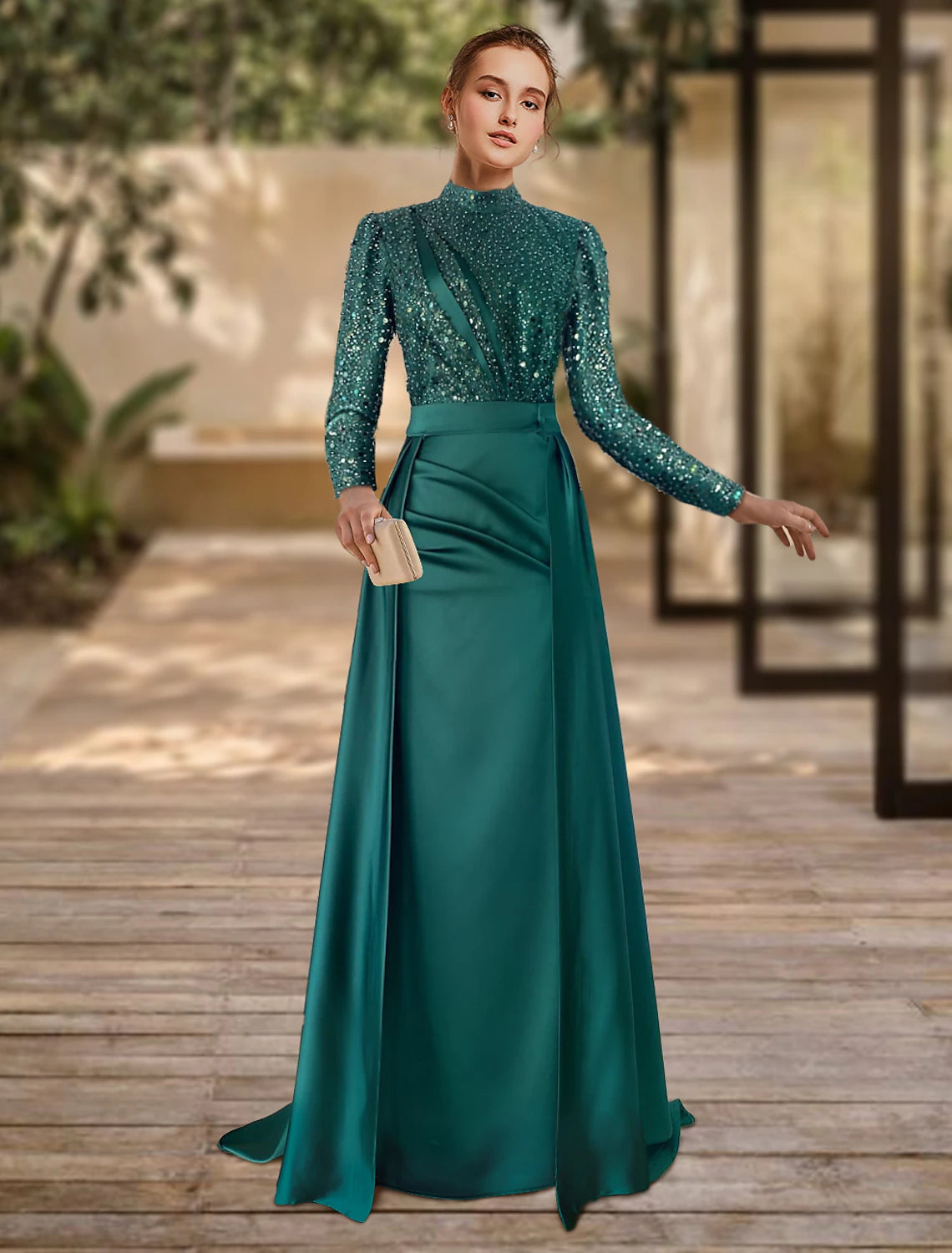 Wholesale Sheath Formal Dress Evening Gown Christmas Red Green Dress Formal Sweep / Brush Train Long Sleeve Jewel Neck Satin with Pleats Ruched Sequin