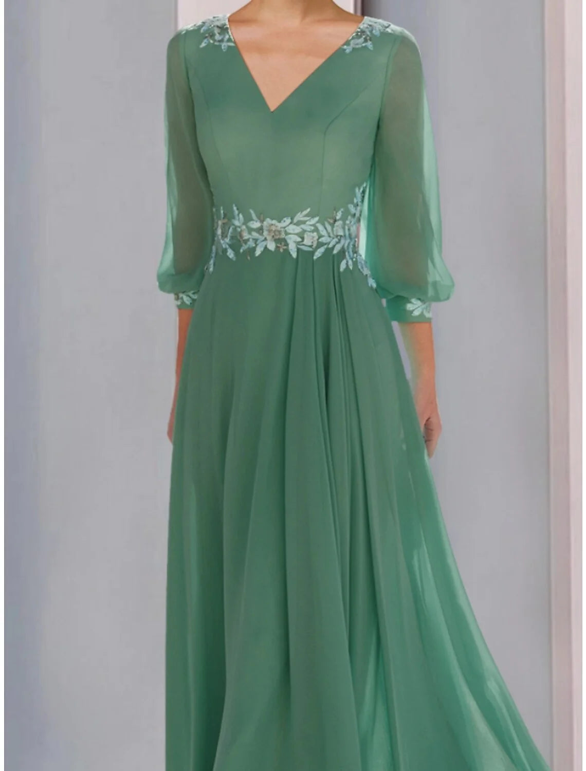 Wholesale A-Line Mother of the Bride Dress Wedding Guest Elegant V Neck Ankle Length Chiffon Lace 3/4 Length Sleeve with Ruching Solid Color