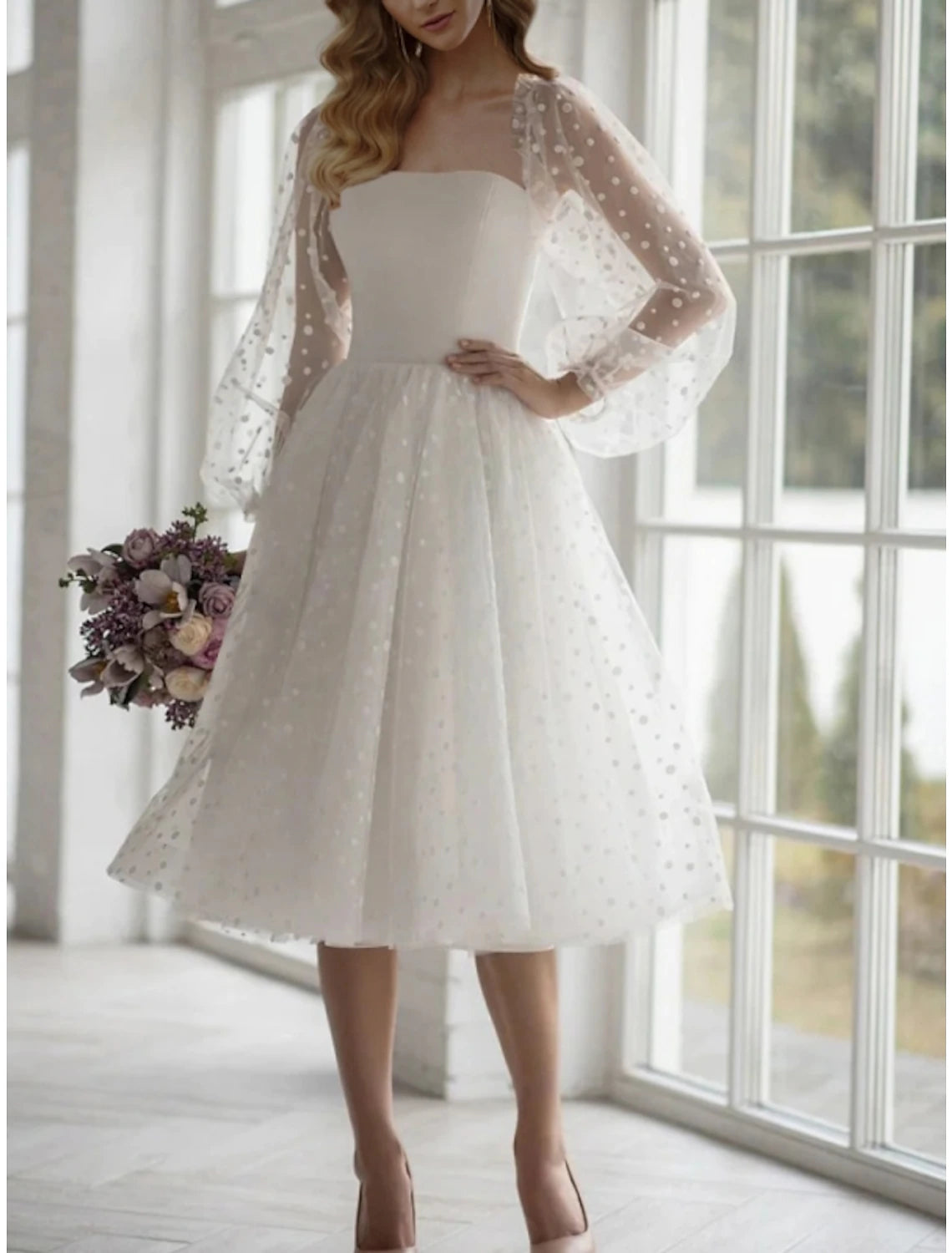 Wholesale Wedding Dresses Ball Gown Sweetheart Long Sleeve Tea Length Tulle Bridal Gowns With Pleats