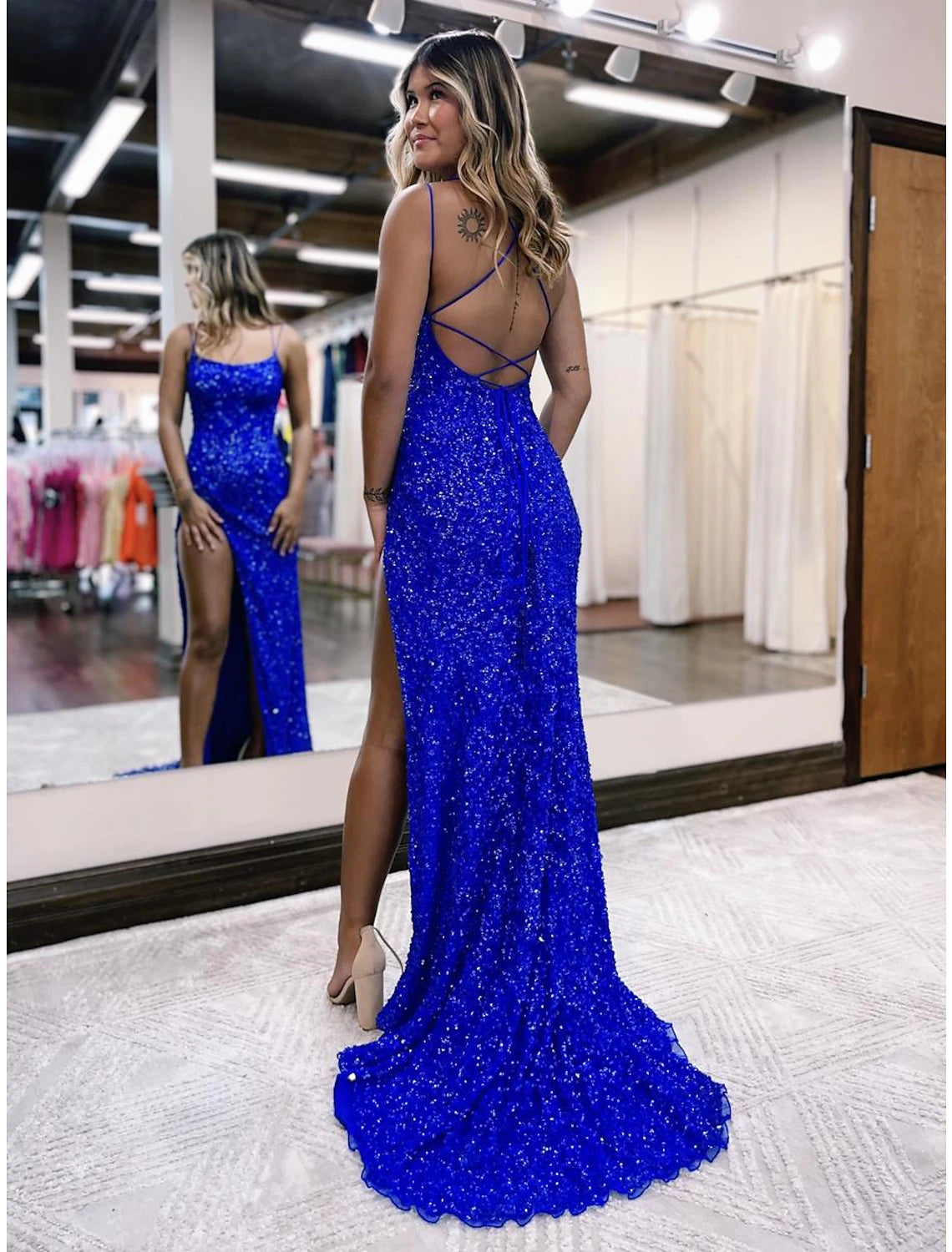 Wholesale Mermaid / Trumpet Prom Dresses Sparkle & Shine Dress Formal Wedding Party Sweep / Brush Train Sleeveless Spaghetti Strap Sequined Backless with Sequin Slit