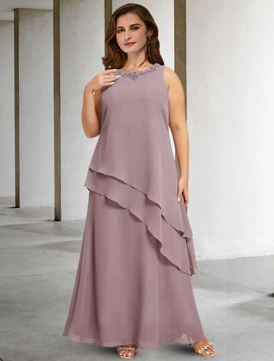 Wholesale Two Piece A-Line Mother of the Bride Dresses Plus Size Hide Belly Curve Elegant Dress Formal Floor Length Sleeveless Jewel Neck Chiffon with Sequin Ruffles Appliques