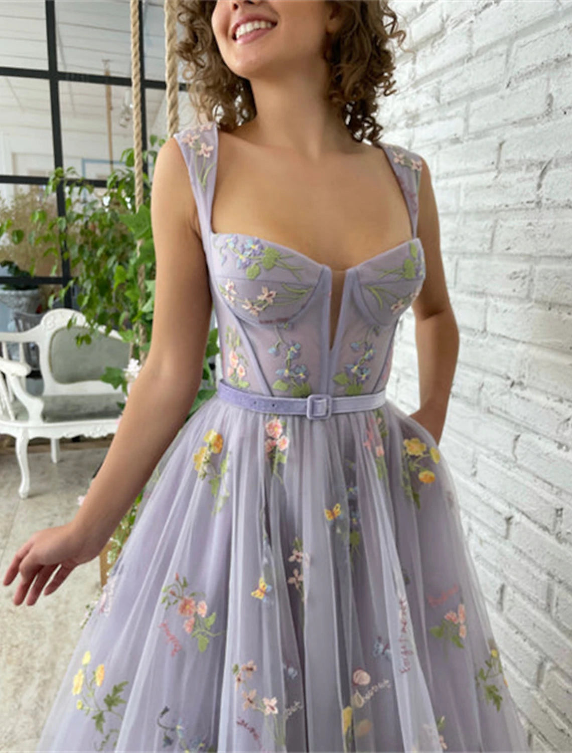 Wholesale A-Line Prom Dresses Floral Dress Formal Evening Birthday Floor Length Short Sleeve Square Neck Fall Wedding Guest Lace with Pleats Appliques