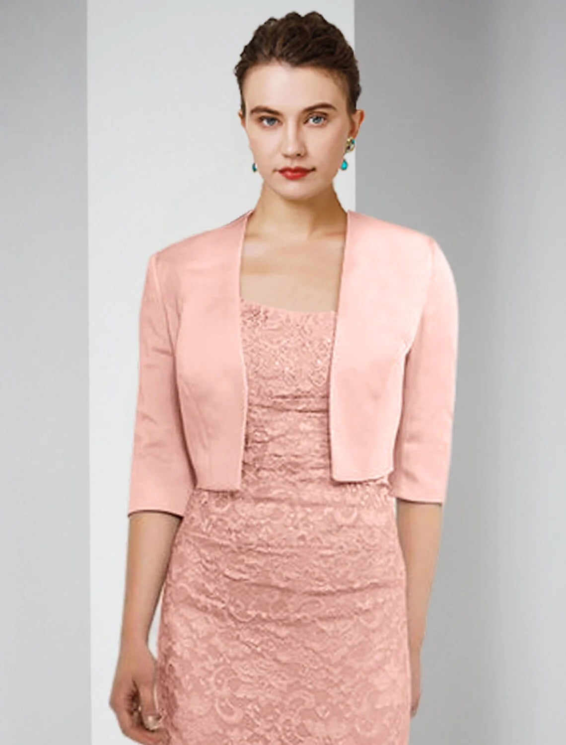 Wholesale Two Piece Sheath / Column Mother of the Bride Dress Formal Wedding Guest Elegant Winter With Jacket Half Sleeve Square Neck Floor Length Satin Lace Solid Color