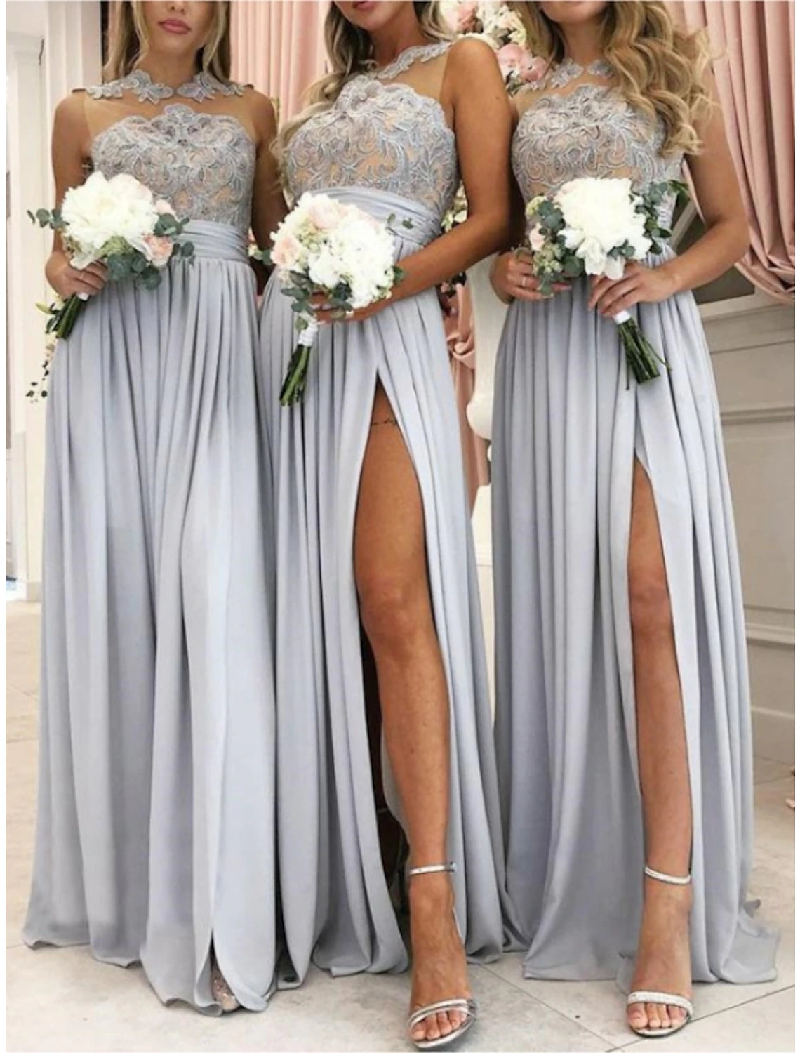 Wholesale Sheath / Column Bridesmaid Dress Jewel Neck Sleeveless Vintage Floor Length Stretch Chiffon with Lace / Pleats / Split Front