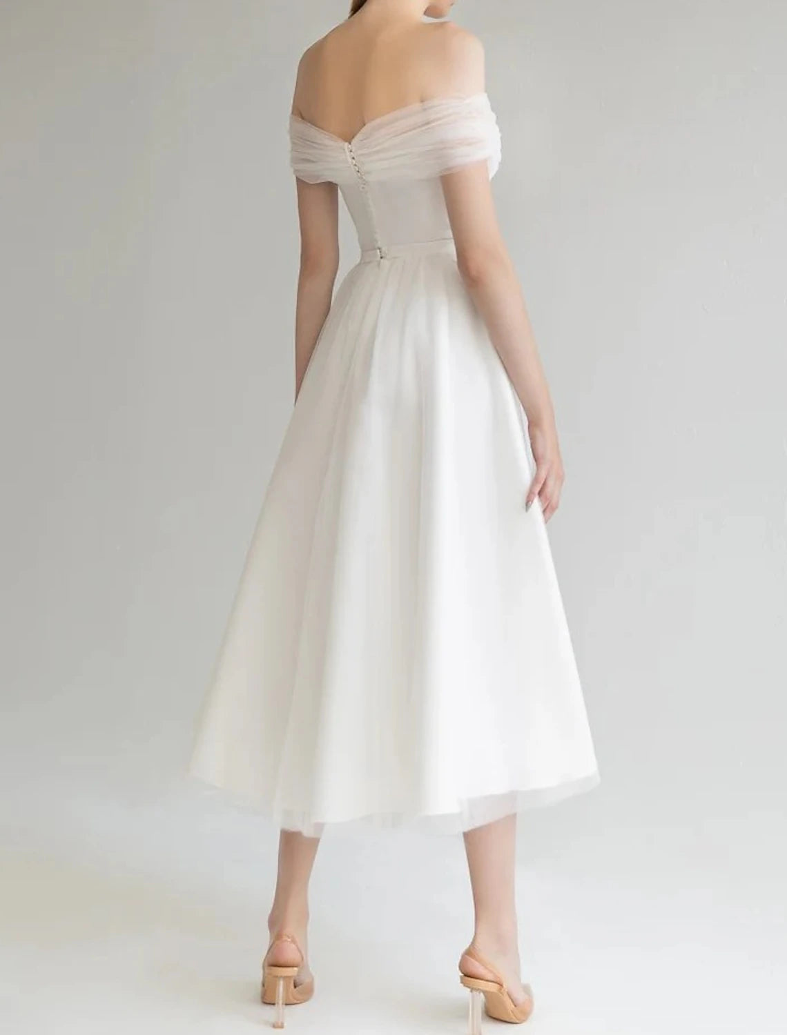 Wholesale Bridal Shower Little White Dresses Wedding Dresses A-Line Off Shoulder Sleeveless Tea Length Satin Bridal Gowns With Solid Color