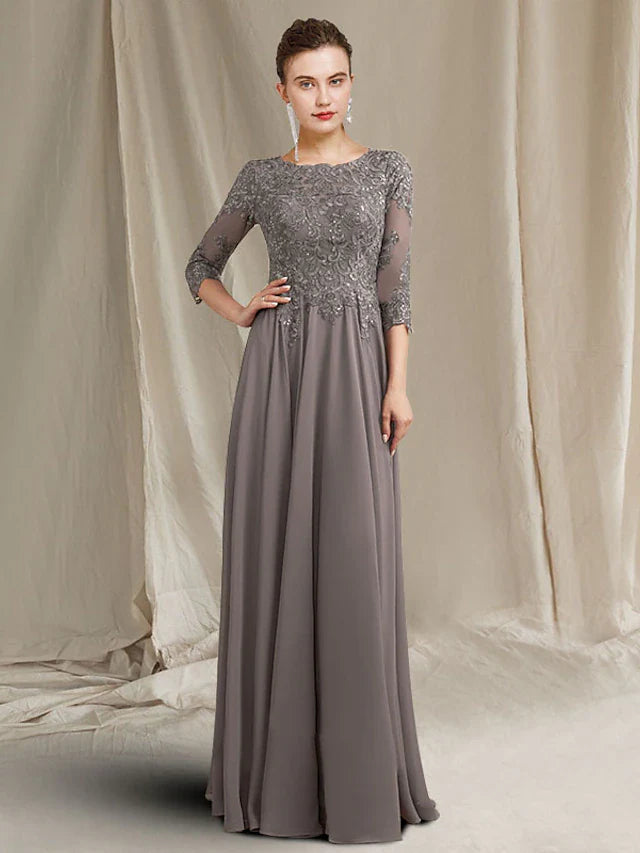 Wholesale Sheath / Column Mother of the Bride Dress Plus Size Elegant Jewel Neck Floor Length Chiffon Lace 3/4 Length Sleeve with Pleats Appliques