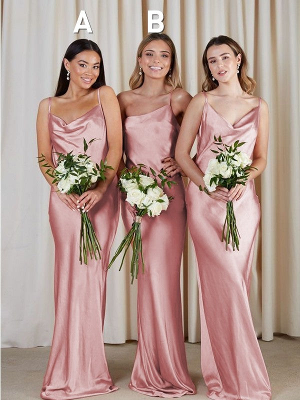 Wholesale Sheath/Column Silk like Satin Ruched Spaghetti Straps Sleeveless Sweep/Brush Train Bridesmaid Dresses