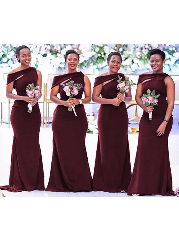 Wholesale Sheath/Column Stretch Crepe Scoop Sleeveless Sweep/Brush Train Bridesmaid Dresses