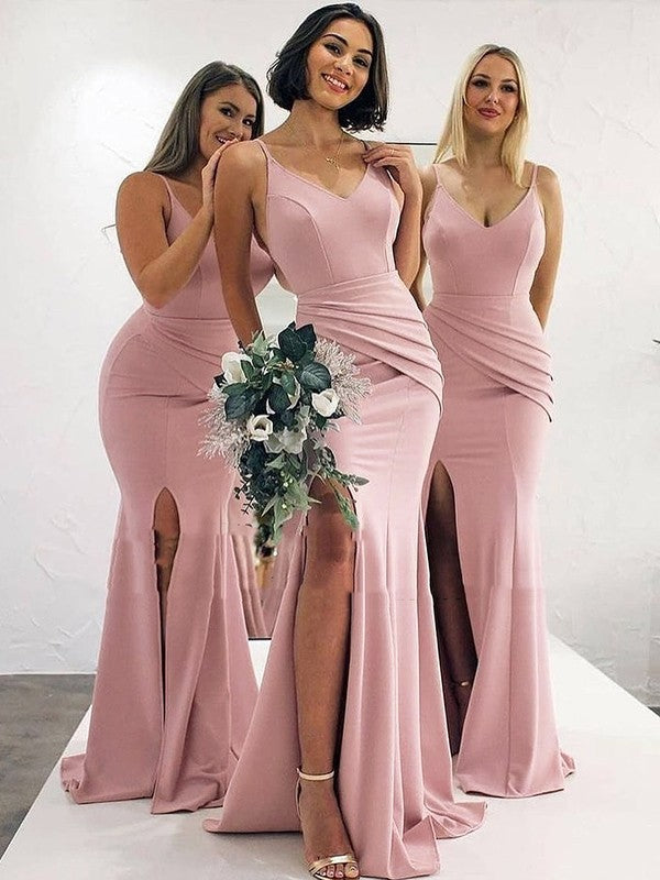 Wholesale Sheath/Column Stretch Crepe Ruched V-neck Sleeveless Sweep/Brush Train Bridesmaid Dresses
