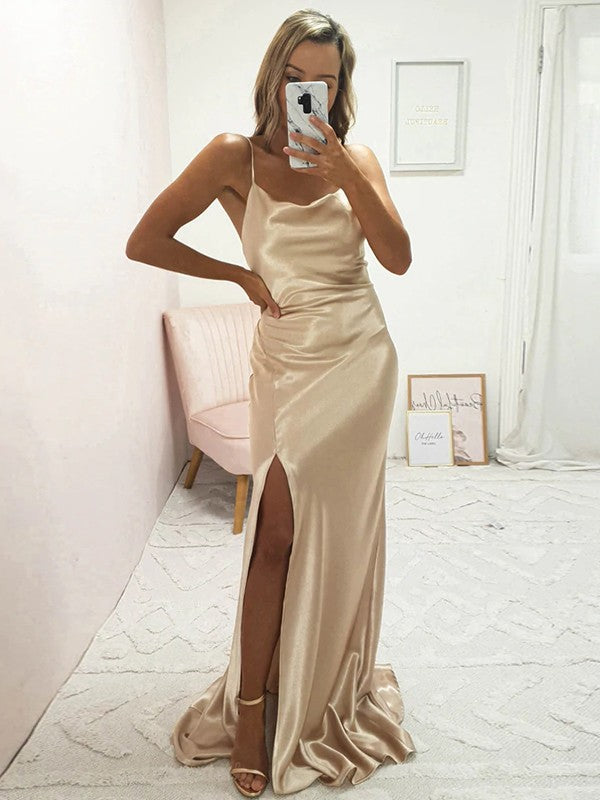 Wholesale Sheath/Column Elastic Woven Satin Ruched Spaghetti Straps Sleeveless Sweep/Brush Train Bridesmaid Dresses