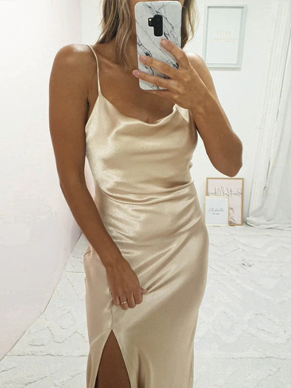 Wholesale Sheath/Column Elastic Woven Satin Ruched Spaghetti Straps Sleeveless Sweep/Brush Train Bridesmaid Dresses