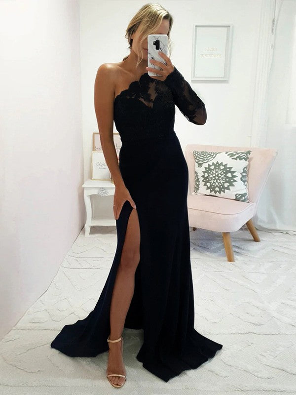 Wholesale Sheath/Column Stretch Crepe Applique One-Shoulder Long Sleeves Sweep/Brush Train Bridesmaid Dresses