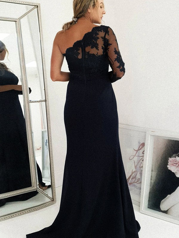 Wholesale Sheath/Column Stretch Crepe Applique One-Shoulder Long Sleeves Sweep/Brush Train Bridesmaid Dresses