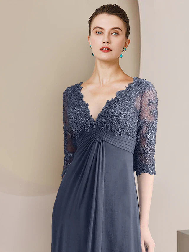 Wholesale A-Line Mother of the Bride Dress Formal Elegant V Neck Court Train Chiffon Lace Half Sleeve with Ruched Appliques