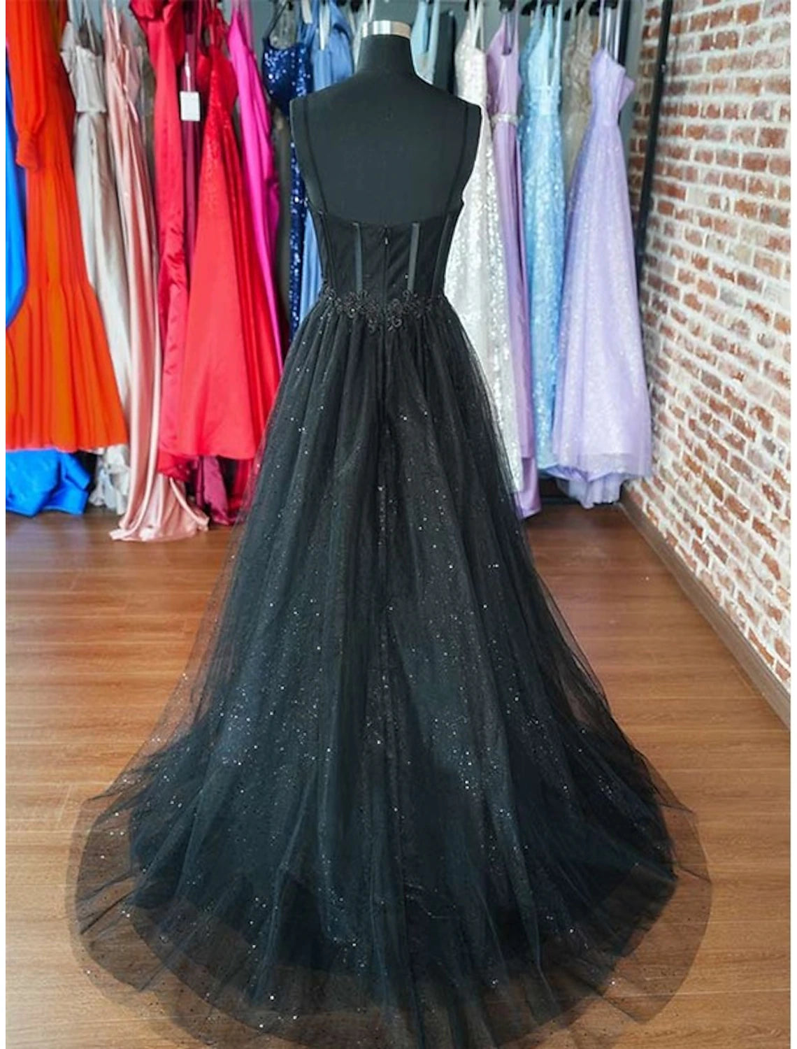 Wholesale A-Line Prom Dresses Glitter Black Dress Plus Size Wedding Dresses Formal Gothic Dress Floor Length Sleeveless Sweetheart Spaghetti Tulle with Slit