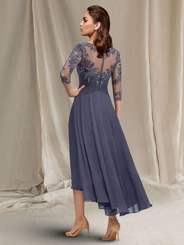 Wholesale A-Line Mother of the Bride Dress Elegant High Low Jewel Neck Asymmetrical Tea Length Chiffon Lace Short Sleeve Wrap Included with Ruched Sequin Appliques