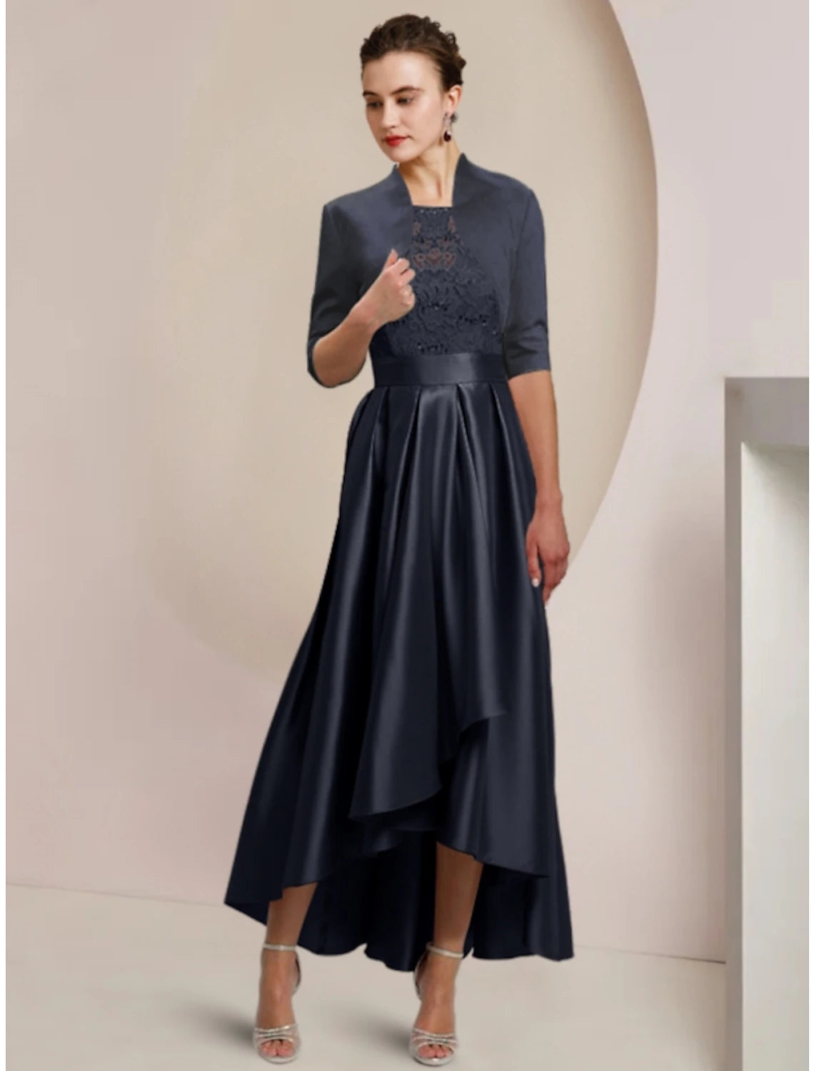 Wholesale  Sheath / Column Mother of the Bride Dress Wedding Guest Minimalist Elegant Scoop Neck Asymmetrical Ankle Length Satin Lace Half Sleeve with Pleats Solid