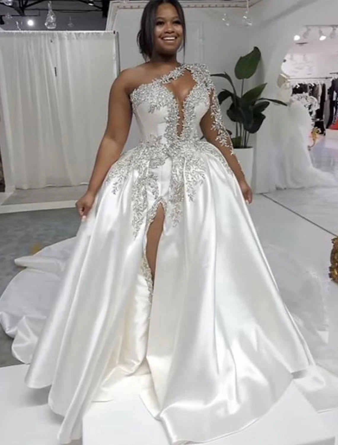 Wholesale  Formal Wedding Dresses Ball Gown One Shoulder Regular Straps Court Train Satin Bridal Gowns With Beading Split Front 2023 Summer Wedding Party, Women's Clothing