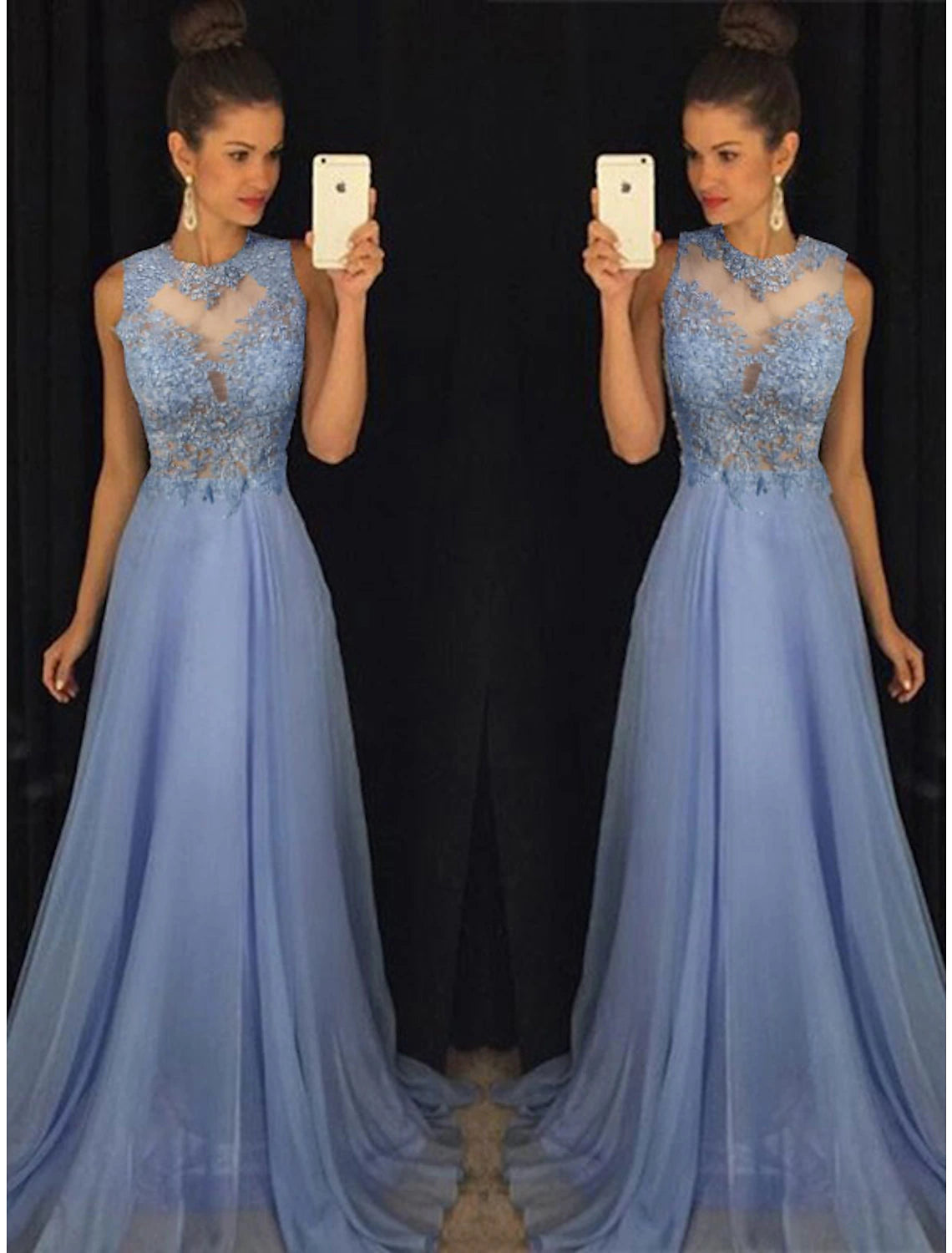 Wholesale  A-Line Empire Prom Formal Evening Dress Jewel Neck Sleeveless Sweep / Brush Train Chiffon with Beading Appliques