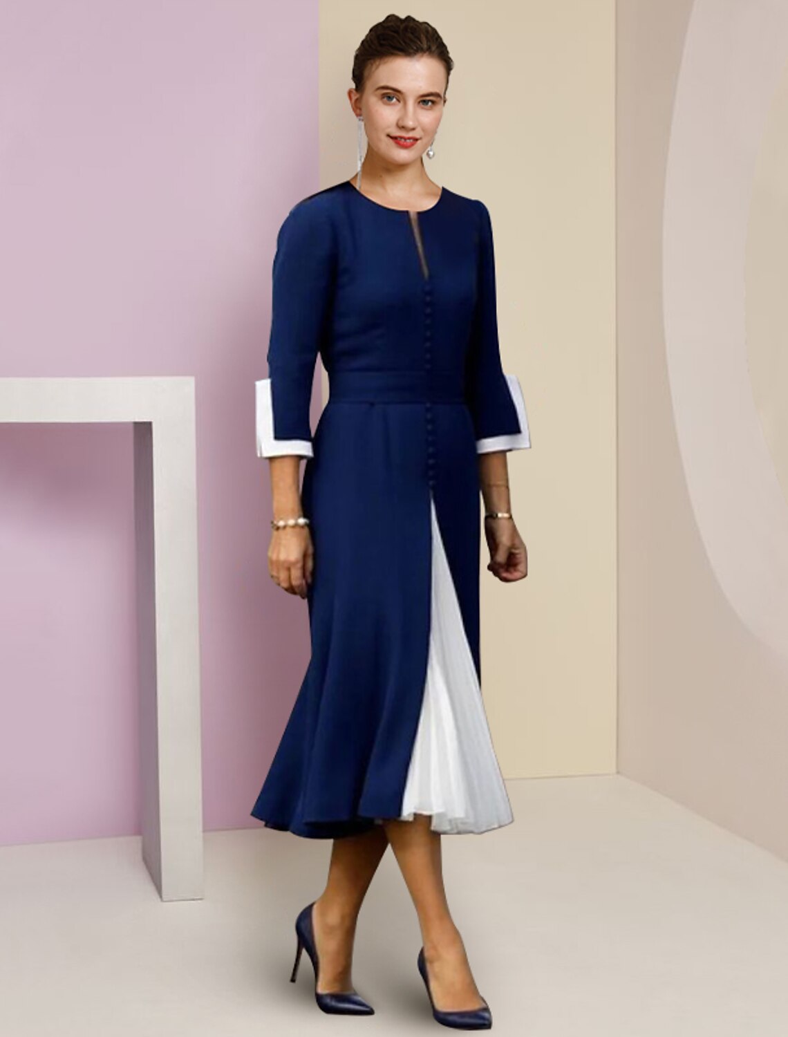 Wholesale  A-Line Mother of the Bride Dress Formal Wedding Guest Elegant Scoop Neck Tea Length Stretch Chiffon 3/4 Length Sleeve with Buttons Color Block