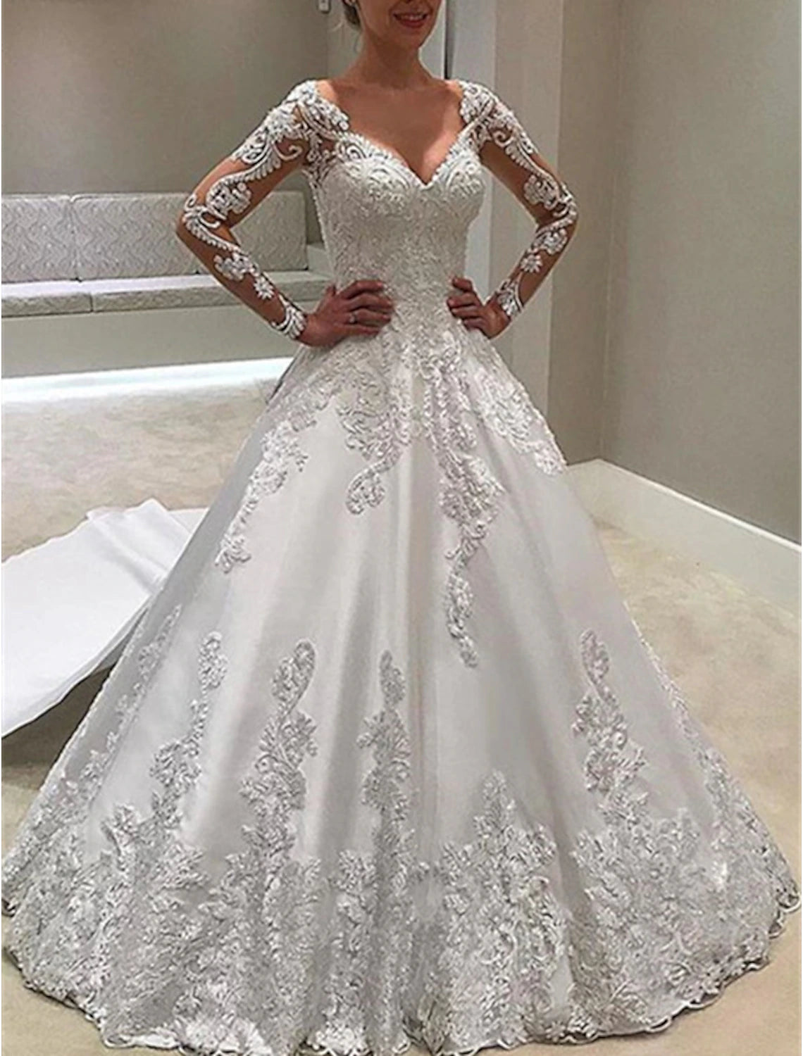 Wholesale Engagement Formal Wedding Dresses Ball Gown Sweetheart Long Sleeve Court Train Satin Bridal Gowns With Buttons Appliques