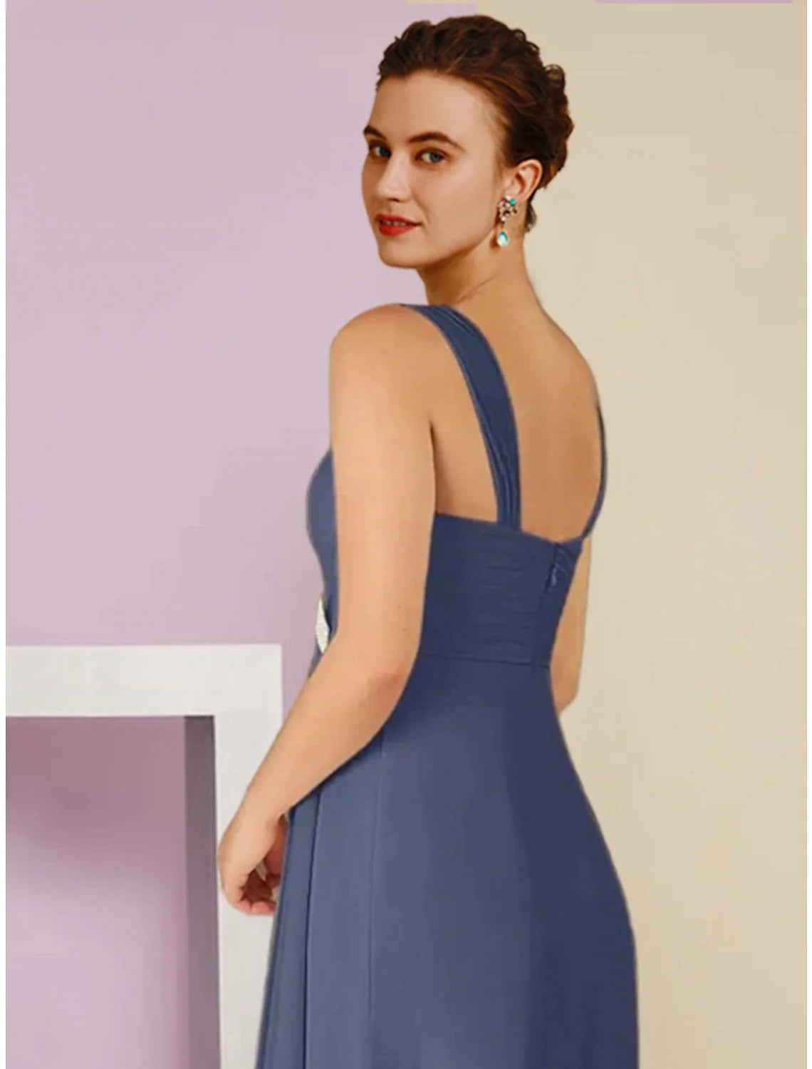 Wholesale A-Line Mother of the Bride Dress Wedding Guest Elegant Square Neck Ankle Length Chiffon Long Sleeve with Crystal Brooch Ruching