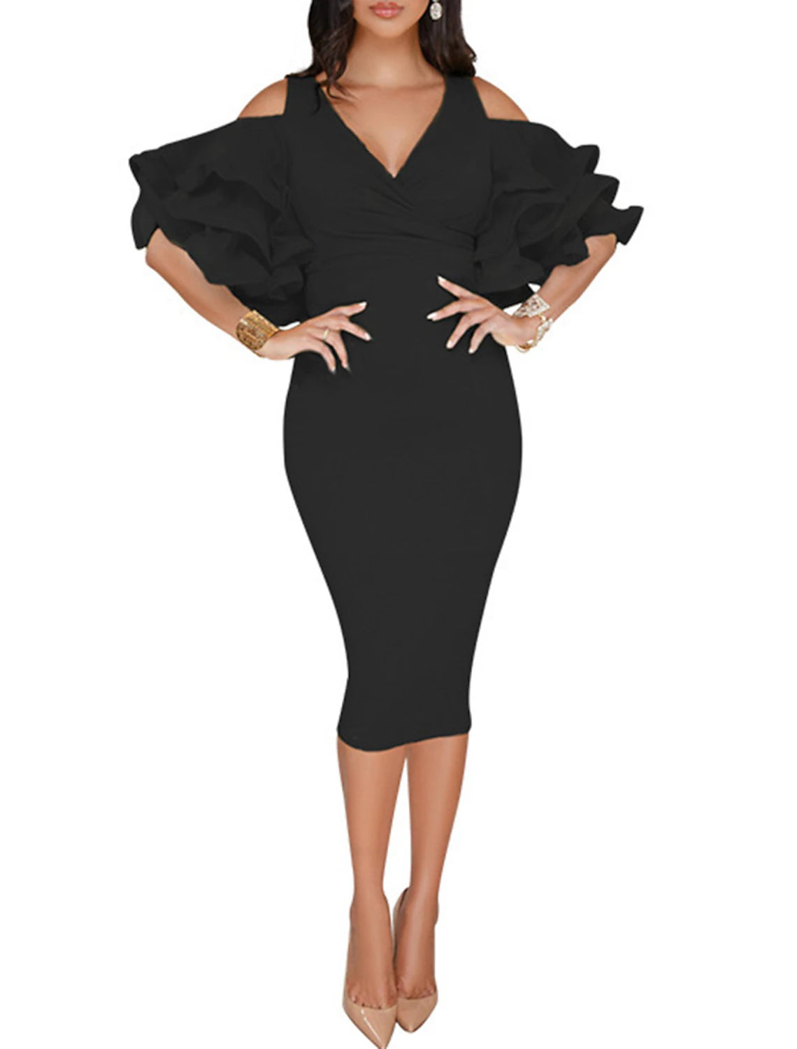 Wholesale Sheath / Column Cocktail Dresses Sexy Dress Valentine's Day Wedding Guest Tea Length Half Sleeve V Neck Polyester with Ruffles