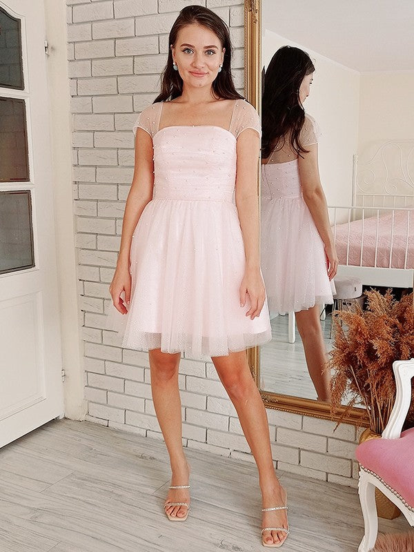 Wholesale A-Line/Princess Tulle Beading Strapless Short Sleeves Short/Mini Dresses
