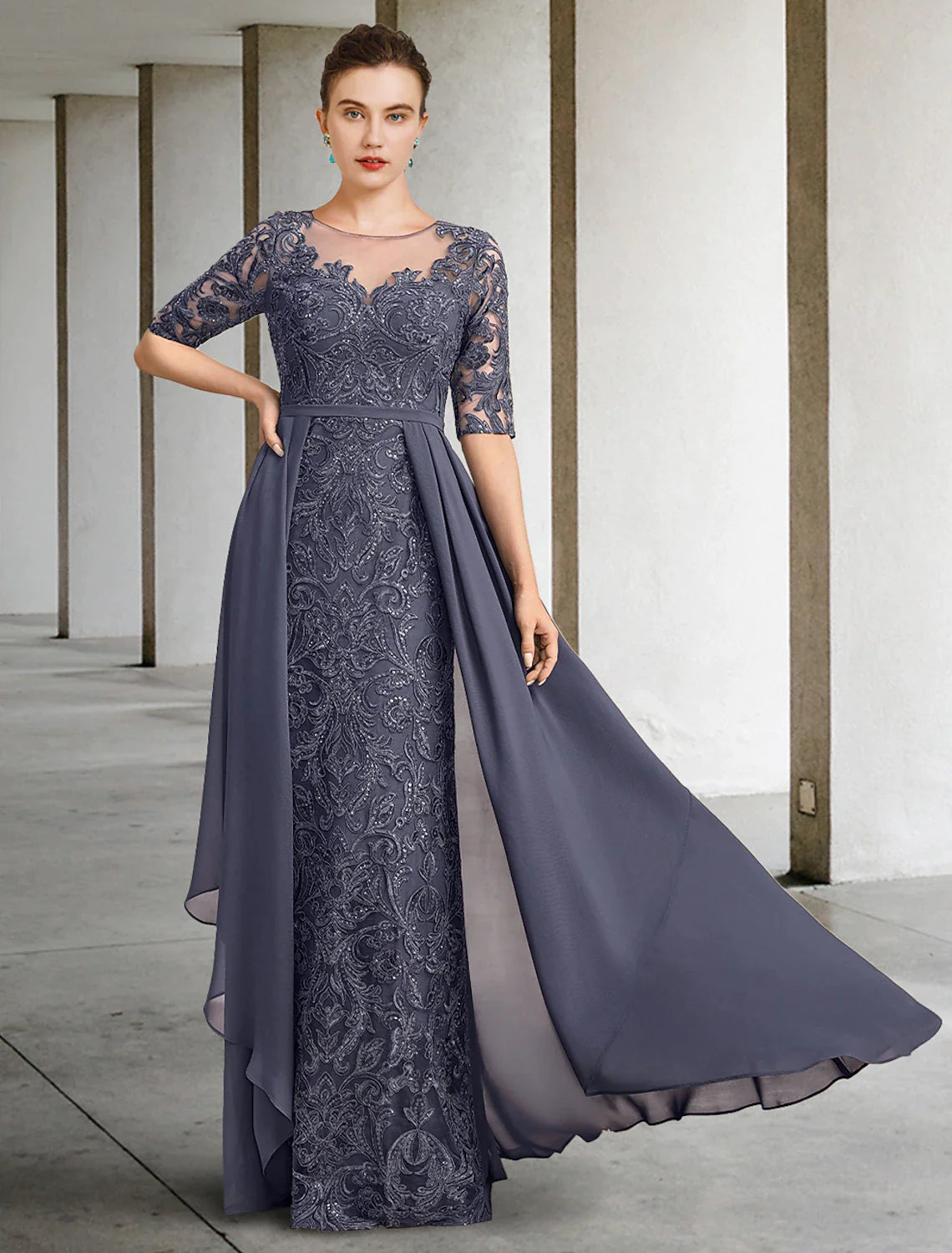Wholesale A-Line Mother of the Bride Dress Formal Wedding Guest Elegant Scoop Neck Floor Length Chiffon Lace Half Sleeve with Bow(s) Sequin