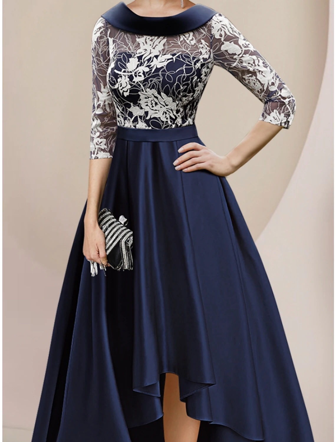 Wholesale A-Line Mother of the Bride Dress Wedding Guest Elegant Scoop Neck Asymmetrical Ankle Length Satin Lace Half Sleeve with Ruching