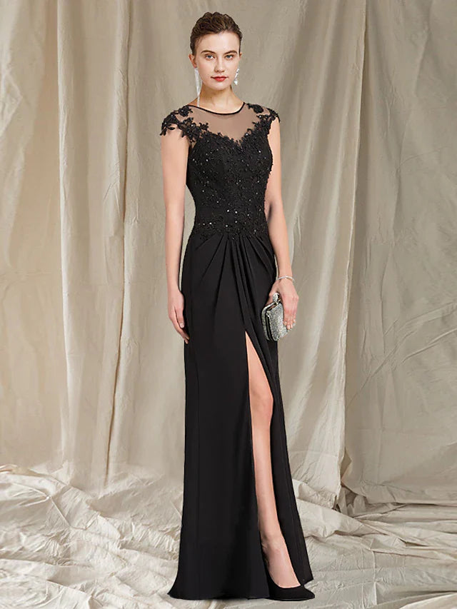 Wholesale Sheath / Column Mother of the Bride Dress Elegant Jewel Neck Floor Length Chiffon Lace Short Sleeve with Appliques Split Front
