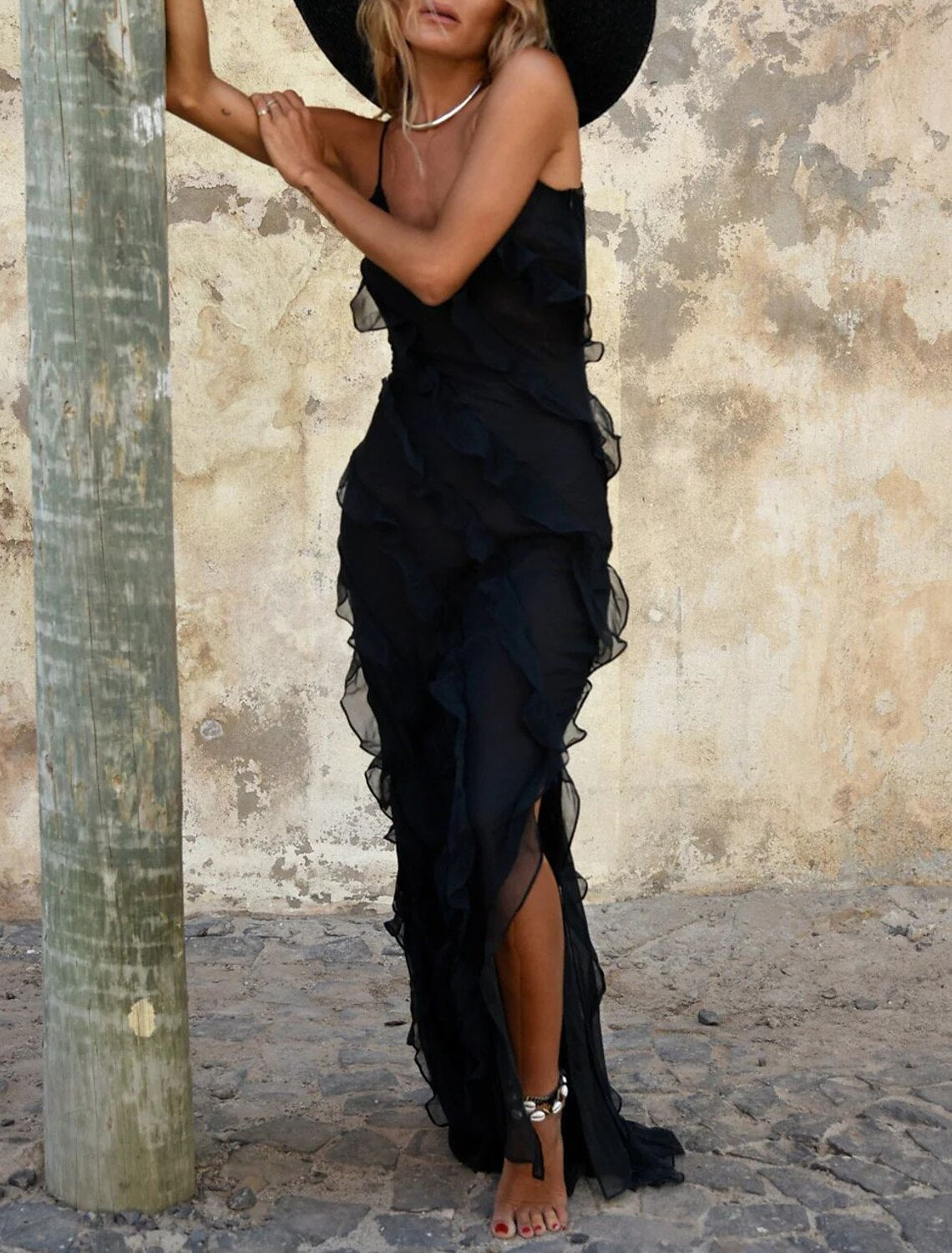 Wholesale Sheath / Column Party Dresses Tiered Plisse Dress Wedding Guest Holiday Sweep / Brush Train Sleeveless Spaghetti Strap Chiffon with Ruffles Slit