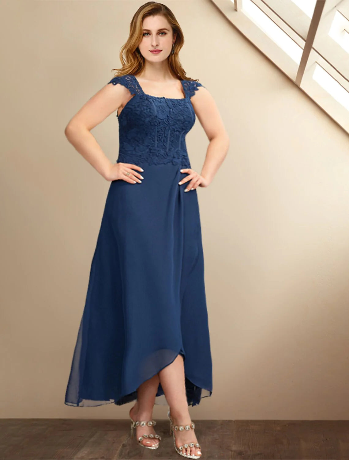 Wholesale Two Piece A-Line Mother of the Bride Dresses Plus Size Hide Belly Curve Elegant Dress Formal Asymmetrical Half Sleeve Square Neck Chiffon with Pleats Appliques