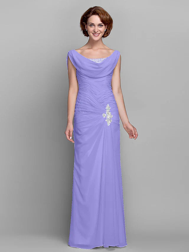 Wholesale Sheath / Column Mother of the Bride Dress Vintage Inspired Cowl Neck Floor Length Chiffon Sleeveless with Buttons Criss Cross Crystals