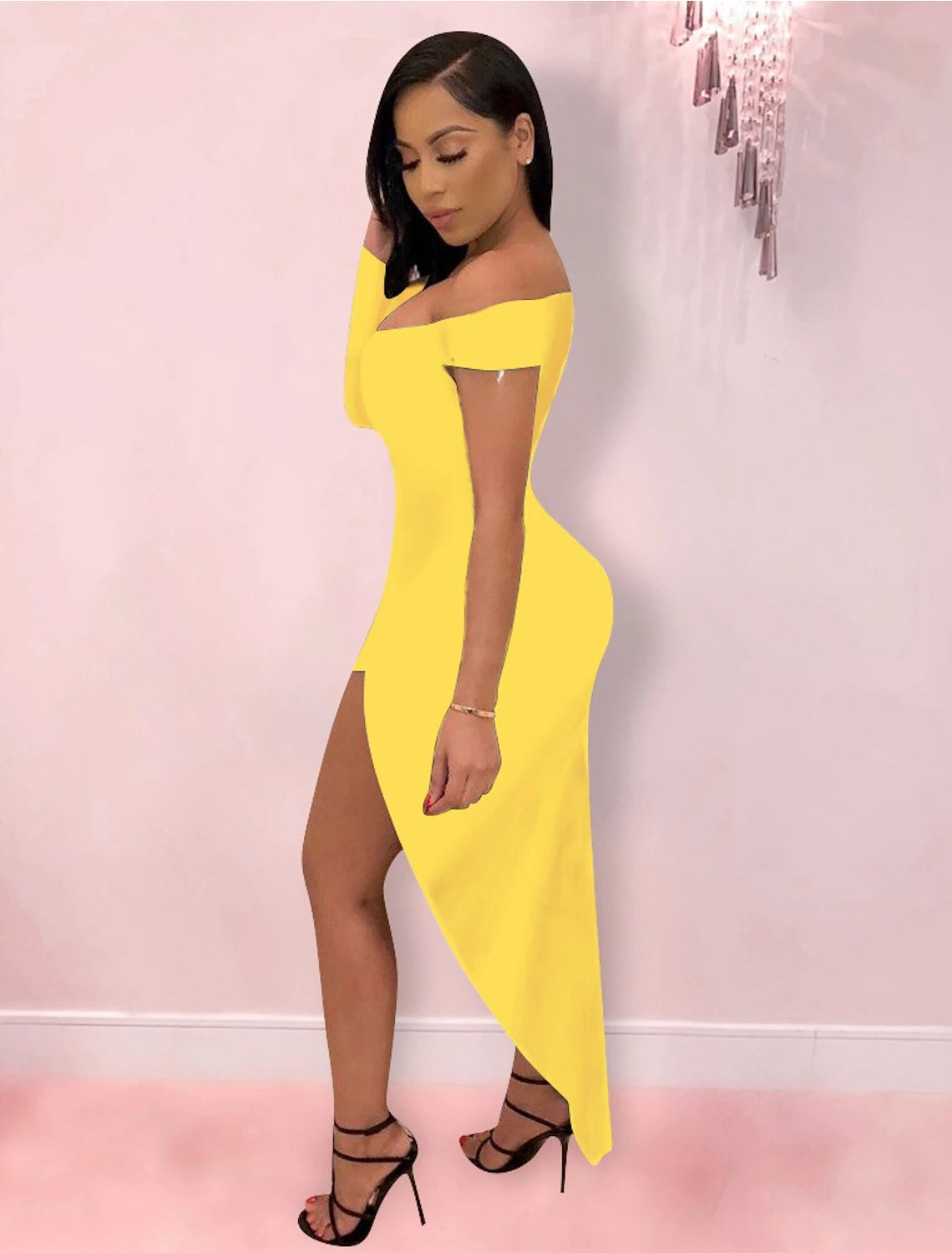 Wholesale Hot Sexy Holiday Party Wear Club Dress High Slit V Neck off Shoulder Long Sleeve Bodycon Asymmetrical Spandex with Sleek