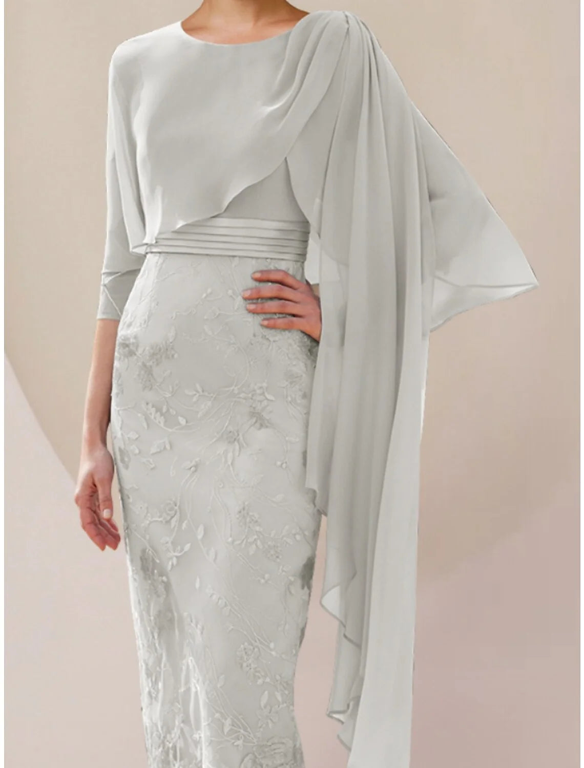 Wholesale A-Line Mother of the Bride Dress Wedding Guest Elegant Petite Jewel Neck Tea Length Chiffon Lace Half Sleeve with Ruching Solid Color