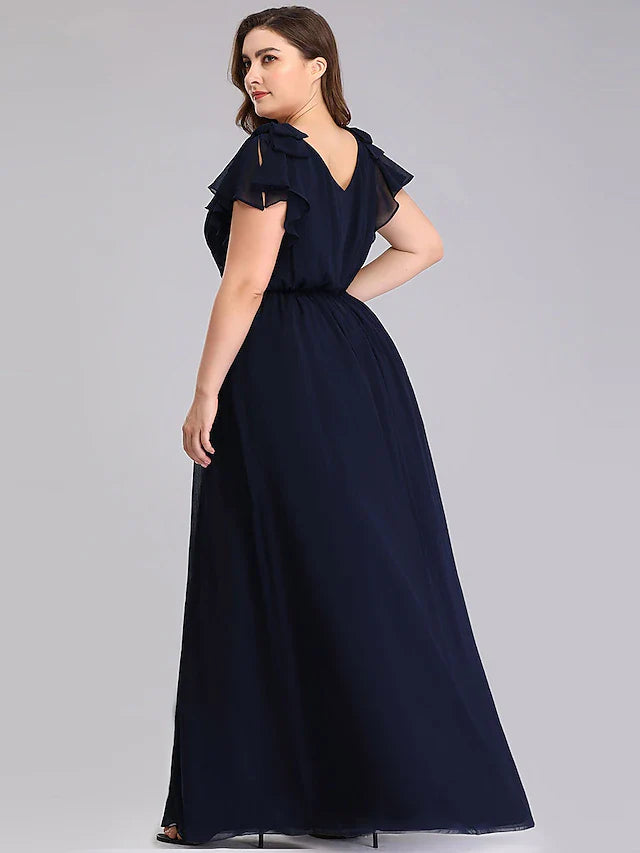 Wholesale A-Line Mother of the Bride Dress Plus Size V Neck Floor Length Chiffon Short Sleeve with Ruffles Ruching