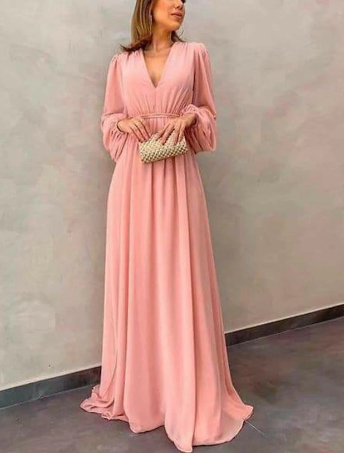 Wholesale A-Line Mother of the Bride Dress Formal Wedding Guest Elegant V Neck Sweep / Brush Train Chiffon Long Sleeve with Pleats