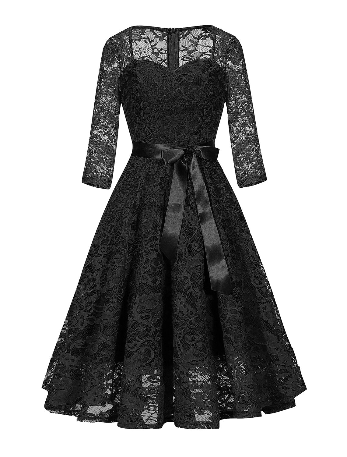 Wholesale A-Line Cocktail Dresses Vintage Dress Party Wear Wedding Guest Knee Length 3/4 Length Sleeve Square Neck Lace with Sleek Sash / Ribbon