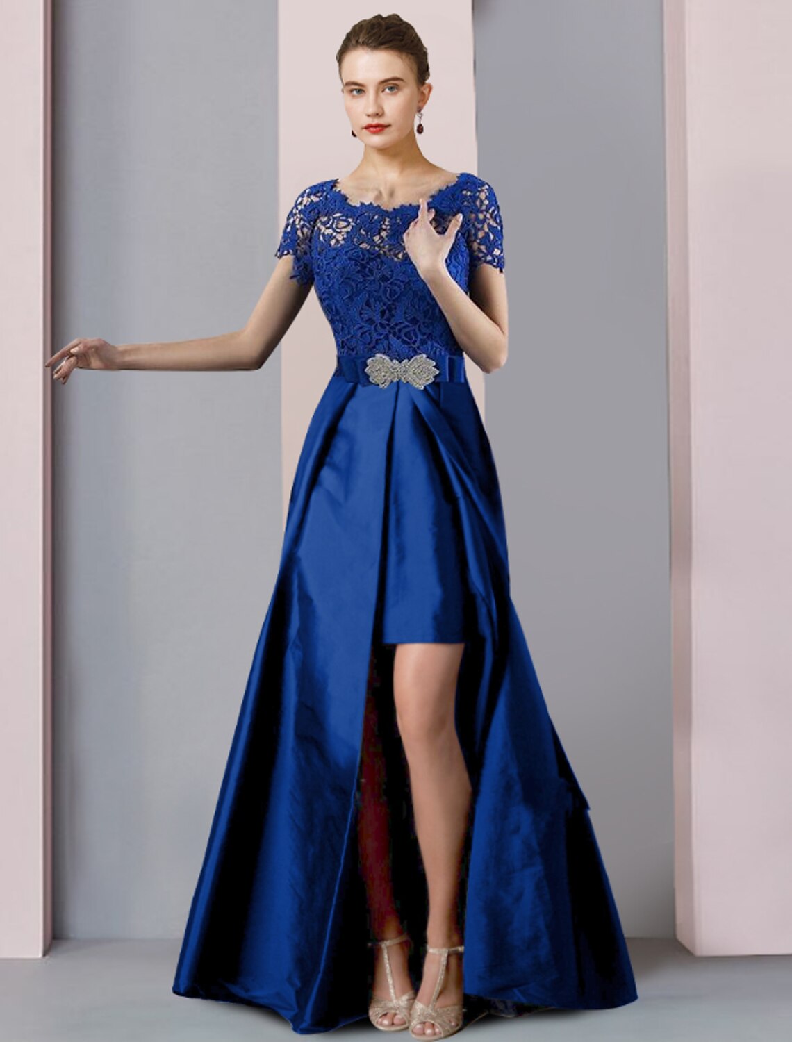 Wholesale  Two Piece Sheath / Column Mother of the Bride Dress Formal Church Elegant detachable Scoop Neck Knee Length Lace Taffeta Short Sleeve with Bow(s) Crystal Brooch