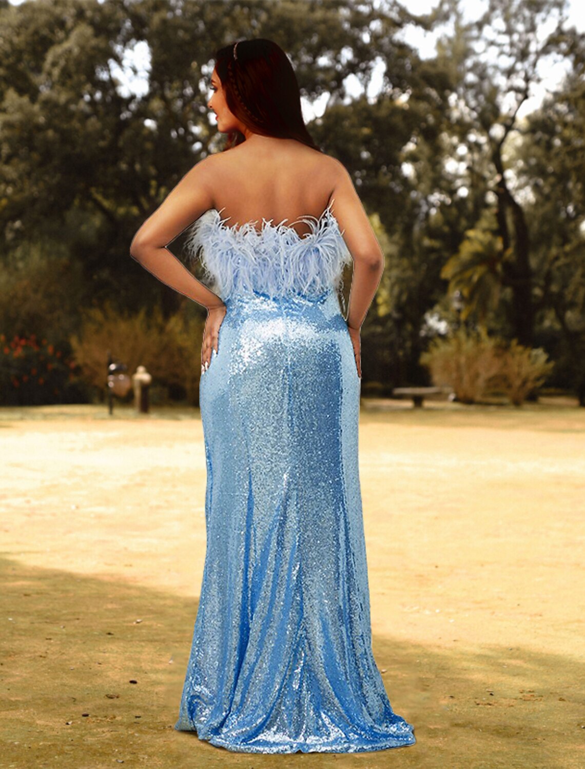 Wholesale  Sheath / Column Prom Dresses Plus Size Dress Wedding Guest Prom Sweep / Brush Train Sleeveless Strapless Sequined with Feather Slit