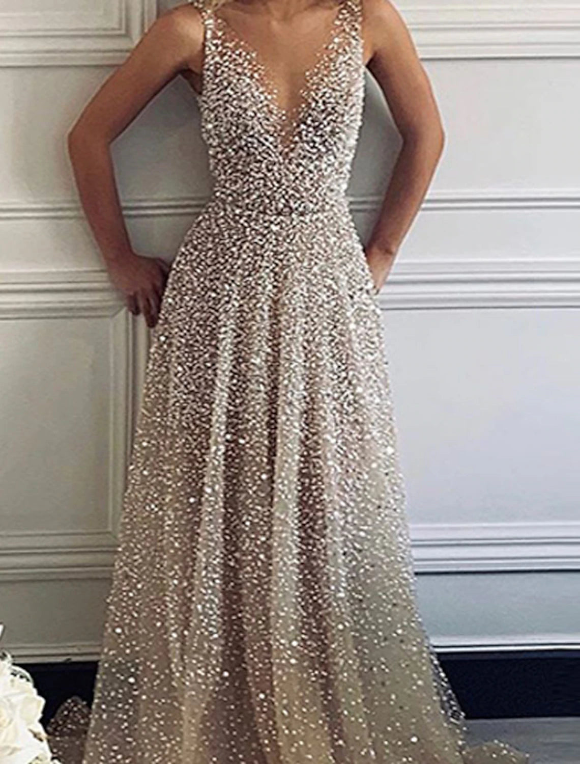 Wholesale A-Line Prom Dresses Glittering Dress Party Wear Wedding Party Sweep / Brush Train Sleeveless V Neck Tulle with Sequin